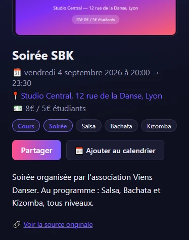 Fiche d'un événement dans l'application : titre, date, lieu, tarif, styles de danse, boutons de partage et d'ajout au calendrier