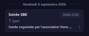 Un événement tel qu'il apparaît dans la liste des danseurs : date, horaires, ville et début de la description